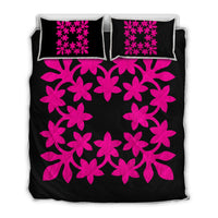 Hawaiian Royal Pattern Quilt Bed Set - Black And Pink - L3 Style - AH Art - Polynesian Pride