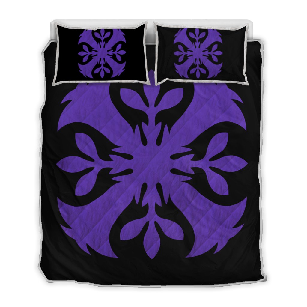 Hawaiian Royal Pattern Quilt Bed Set - Black And Purple - F3 Style - AH Art - Polynesian Pride