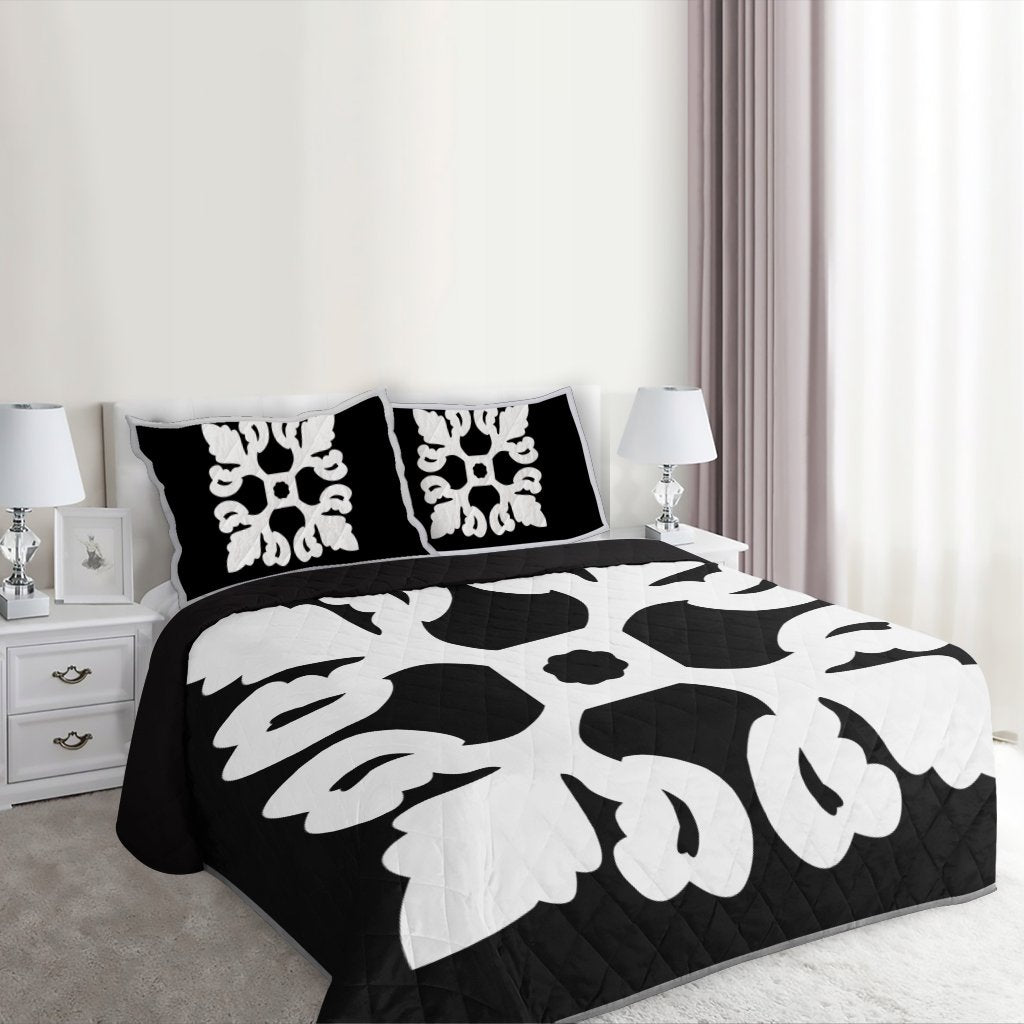Hawaiian Royal Pattern Quilt Bed Set - Black And White - M1 Style - AH - Polynesian Pride