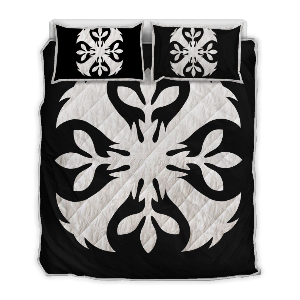 Hawaiian Royal Pattern Quilt Bed Set - Black And White - F3 Style - AH White - Polynesian Pride