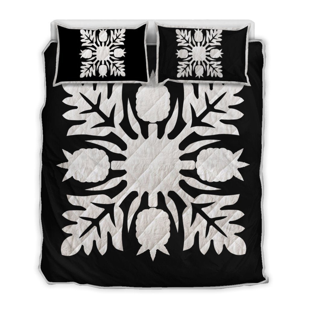 Hawaiian Royal Pattern Quilt Bed Set - Black And White - N1 Style - AH White - Polynesian Pride