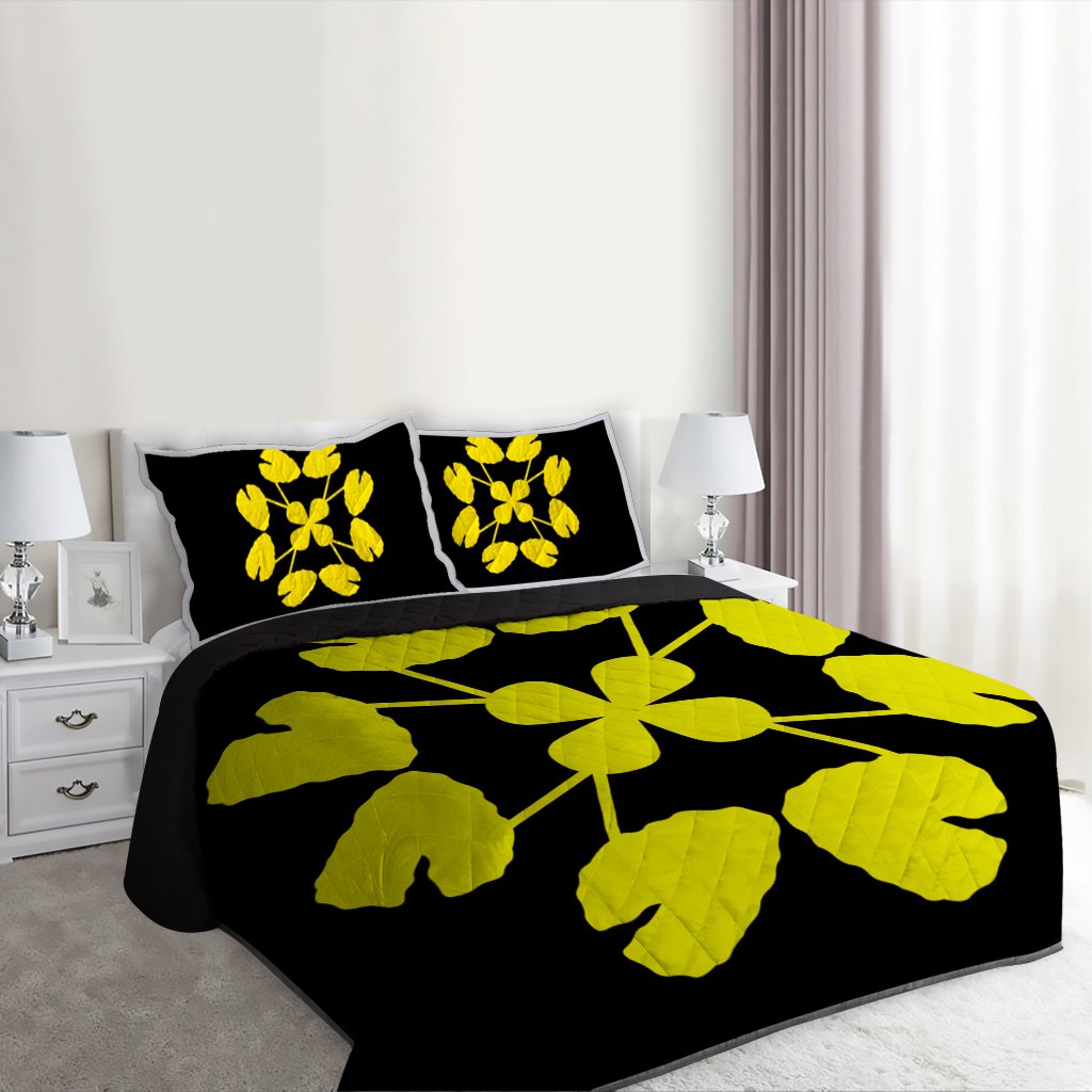 Hawaiian Royal Pattern Quilt Bed Set - Black And Yellow - D3 Style - Polynesian Pride