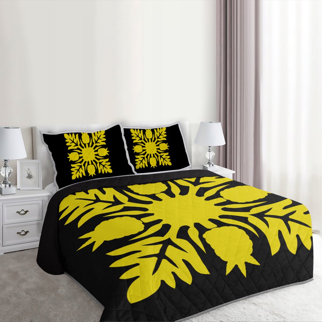 Hawaiian Royal Pattern Quilt Bed Set - Black And Yellow - N1 Style - AH - Polynesian Pride