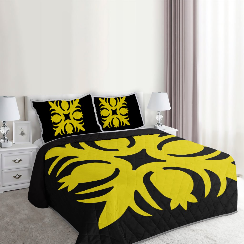 Hawaiian Royal Pattern Quilt Bed Set - Black And Yellow - I1 Style - AH - Polynesian Pride