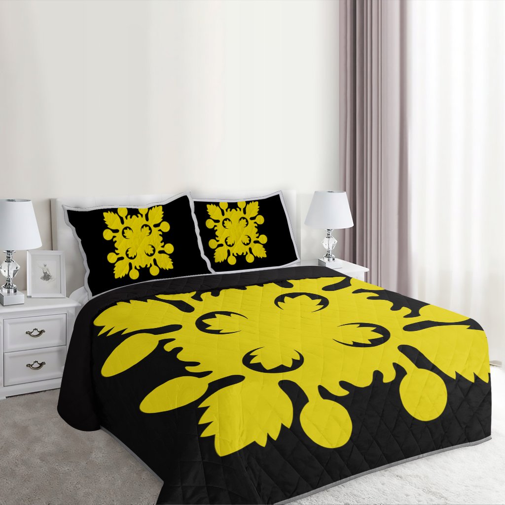 Hawaiian Royal Pattern Quilt Bed Set - Black And Yellow - D2 Style - AH - Polynesian Pride
