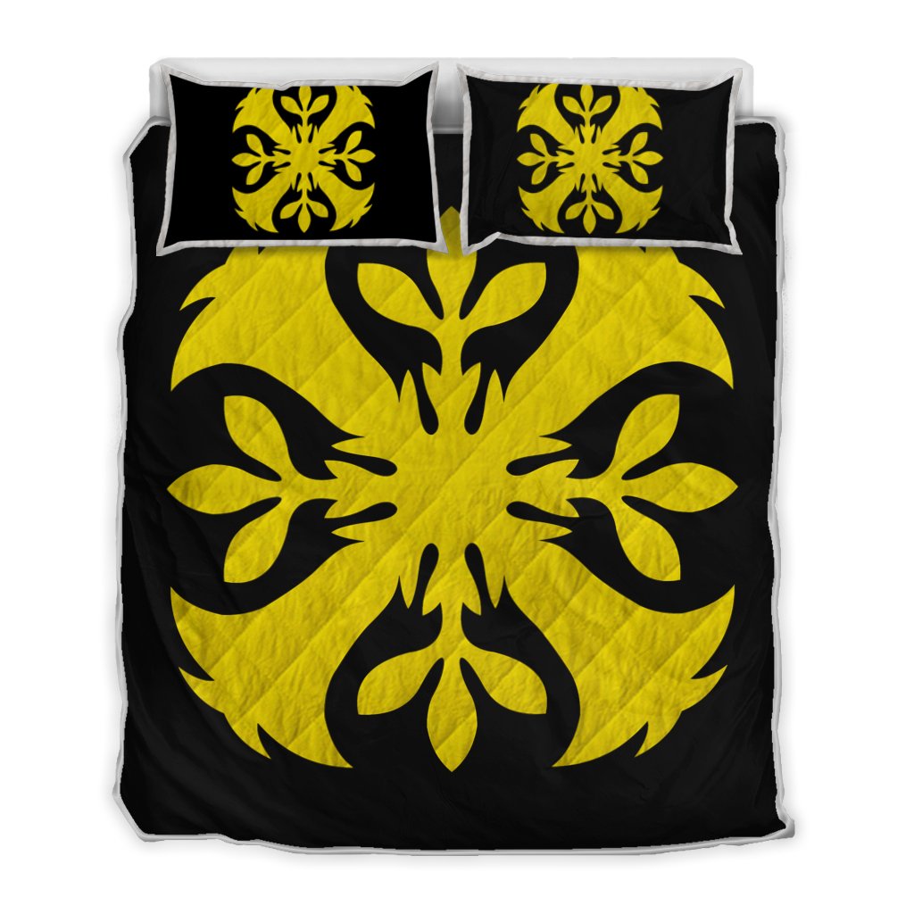 Hawaiian Royal Pattern Quilt Bed Set - Black And Yellow - F3 Style - AH Yellow - Polynesian Pride
