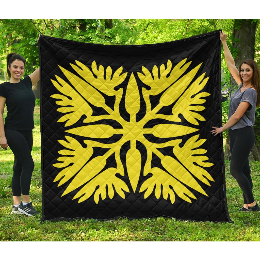 Hawaiian Royal Pattern Premium Quilt - Black And Yellow - A3 Style - AH Yellow - Polynesian Pride