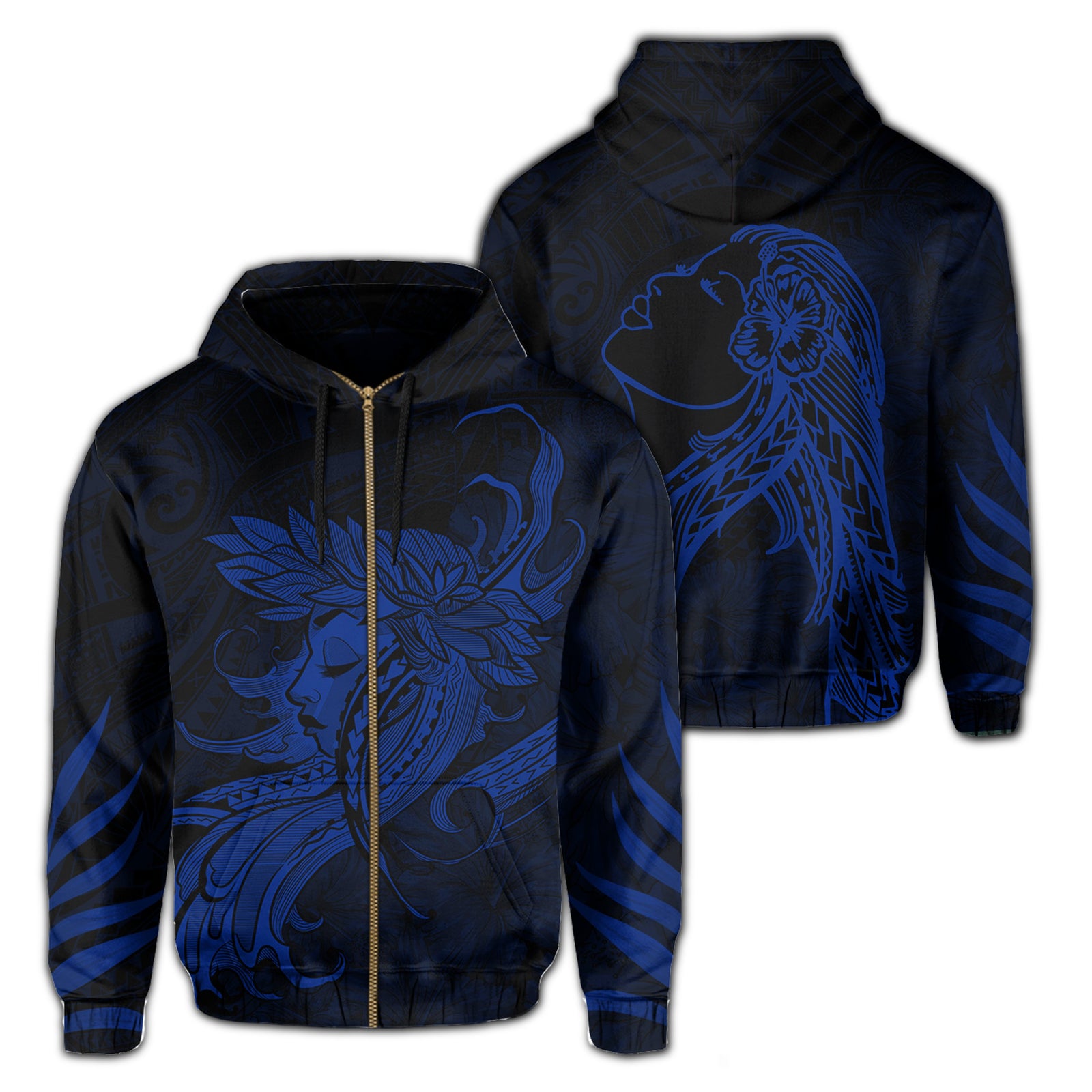 Polynesian Tropic Hula Girl Hibiscus Hawaii Zip Hoodie Blue Unisex Blue - Polynesian Pride