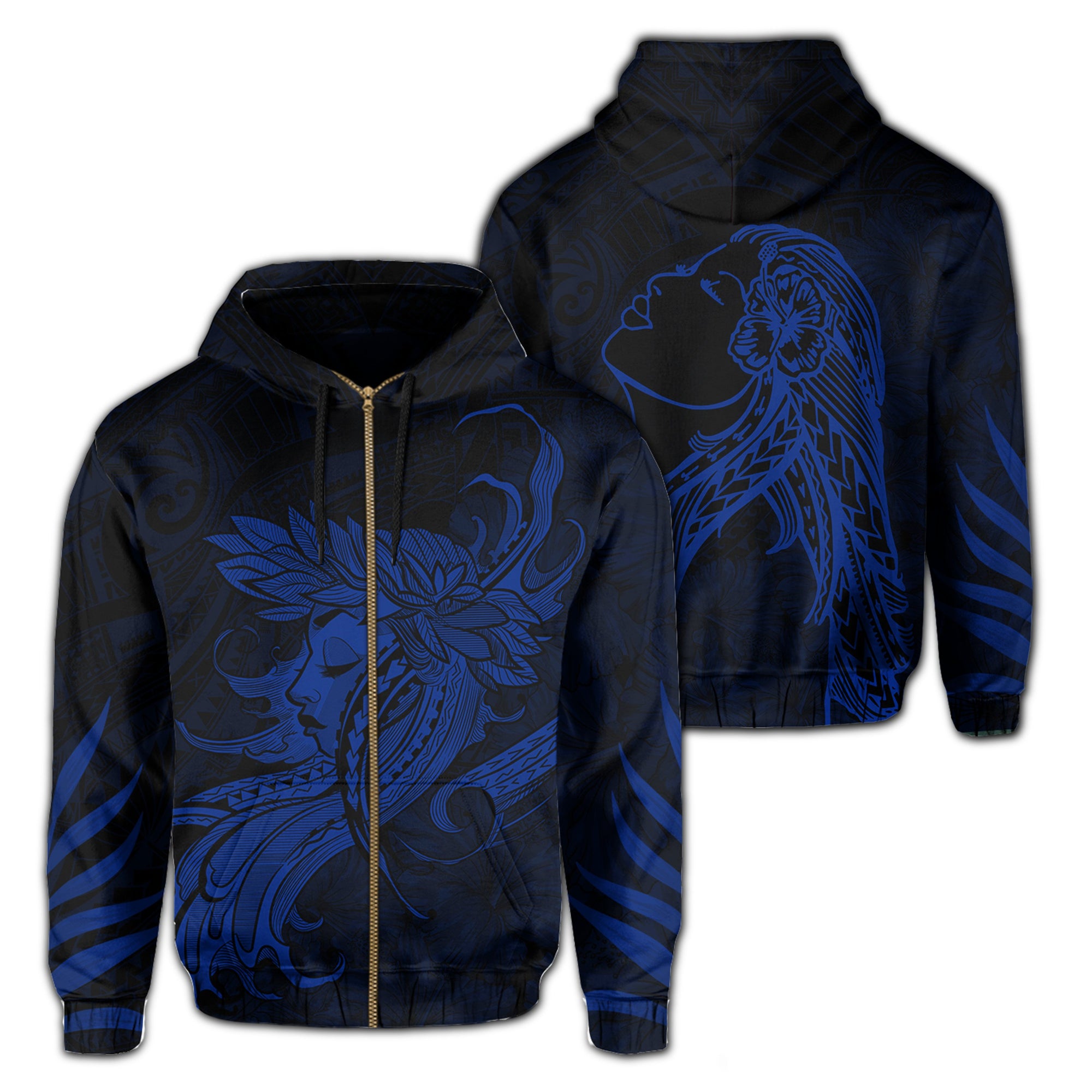 Polynesian Tropic Hula Girl Hibiscus Hawaii Zip Hoodie Blue Unisex Blue - Polynesian Pride