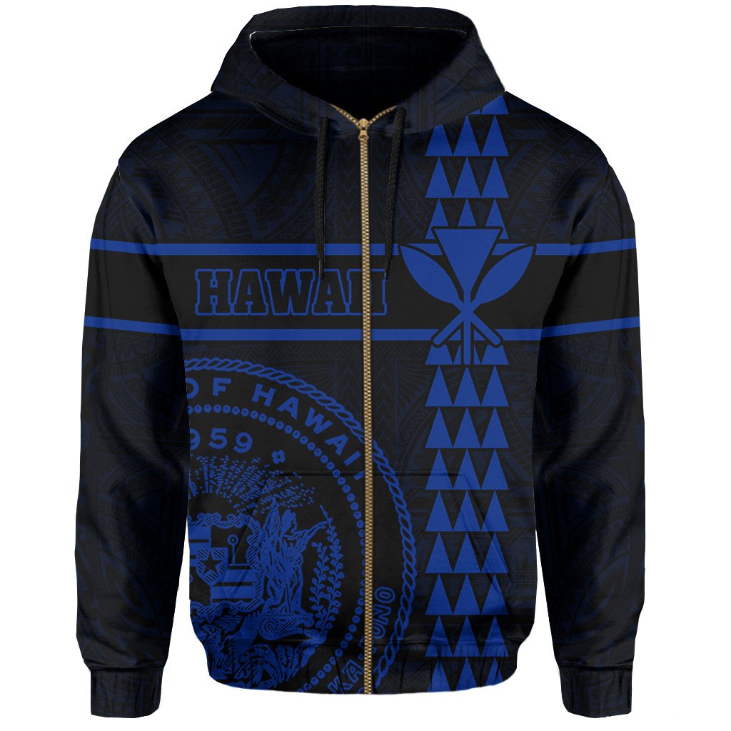 Polynesian Kakau Kanaka Seal of Hawaii Zip Hoodie Blue - Polynesian Pride