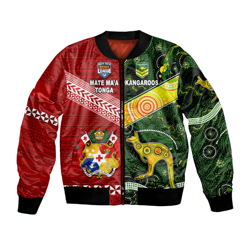 (Custom Personalised) Mate Ma'a Tonga Ngatu And Australia Kangaroos Aboriginal Bomber Jacket Rugby Together LT8 Unisex - Polynesian Pride