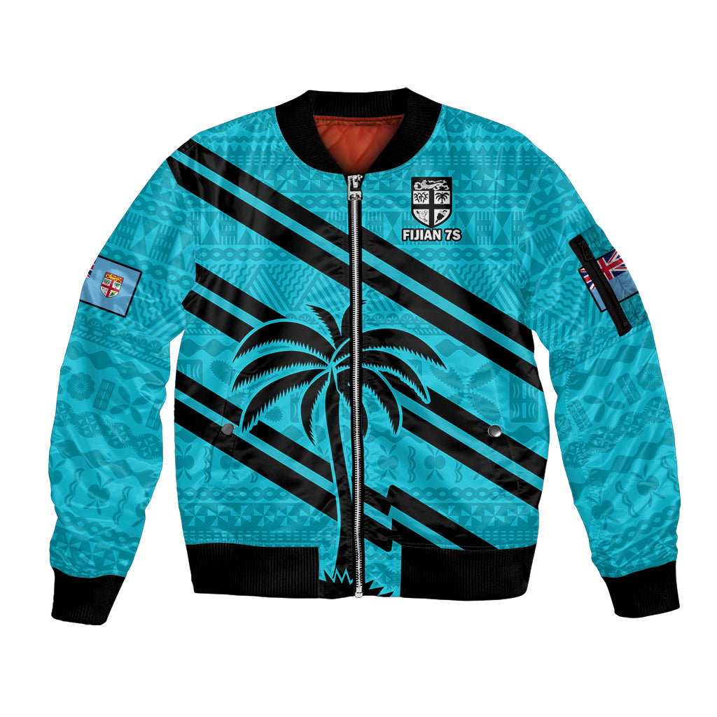 (Custom Text And Number) Fiji Rugby Tapa Pattern Fijian 7s Cyan Sleeve Zip Bomber Jacket LT14 Unisex Cyan - Polynesian Pride
