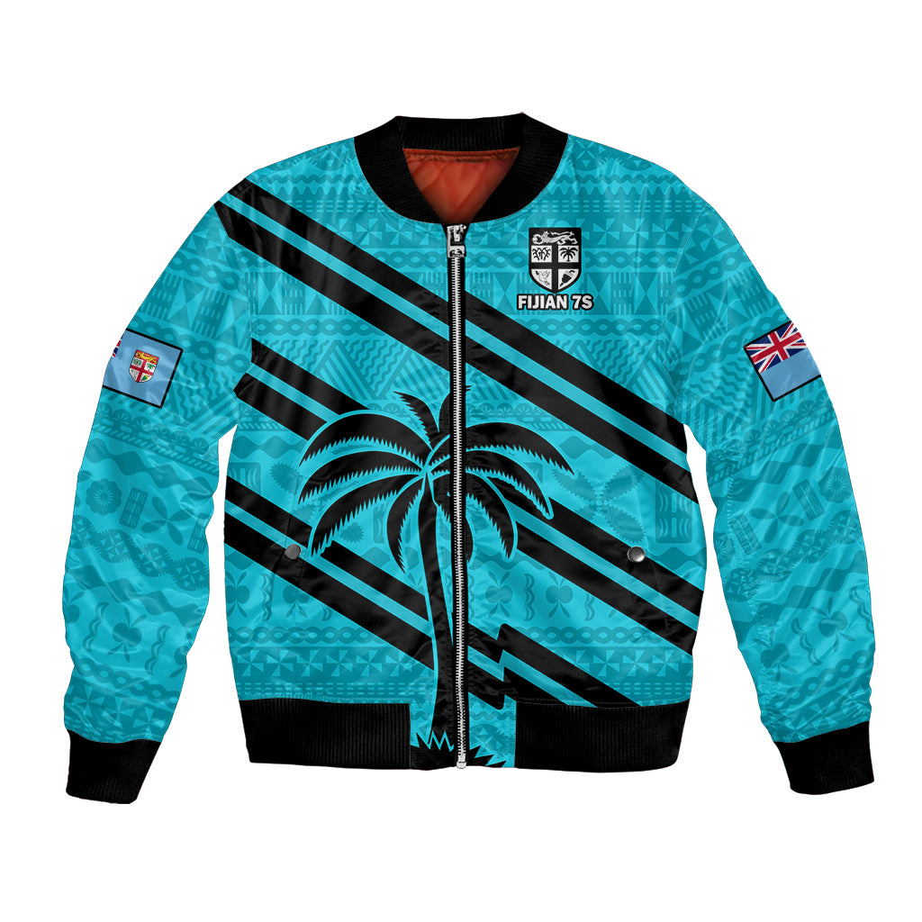 Fiji Rugby Tapa Pattern Fijian 7s Cyan Bomber Jacket LT14 Unisex Cyan - Polynesian Pride