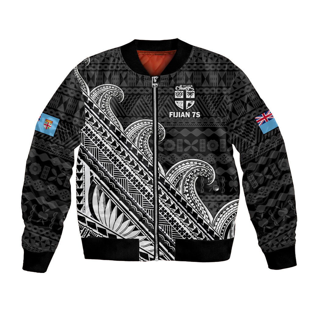 (Custom Text And Number) Fiji Sevens Rugby Fijian 7s Black Tapa Polynesian Art Bomber Jacket LT14 Unisex Black - Polynesian Pride