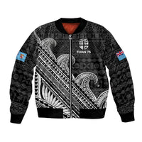 (Custom Text And Number) Fiji Sevens Rugby Fijian 7s Black Tapa Polynesian Art Bomber Jacket LT14 Unisex Black - Polynesian Pride