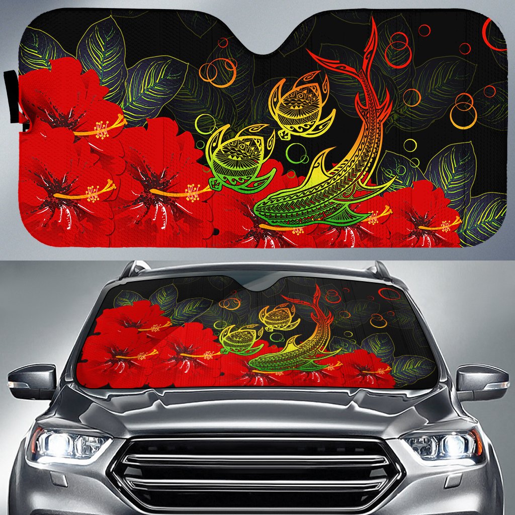 Hawaii Shark Turtle Hibiscus Polynesian Car Sun Shade - Vera Style - AH Auto Sun Shade Universal Fit Black - Polynesian Pride