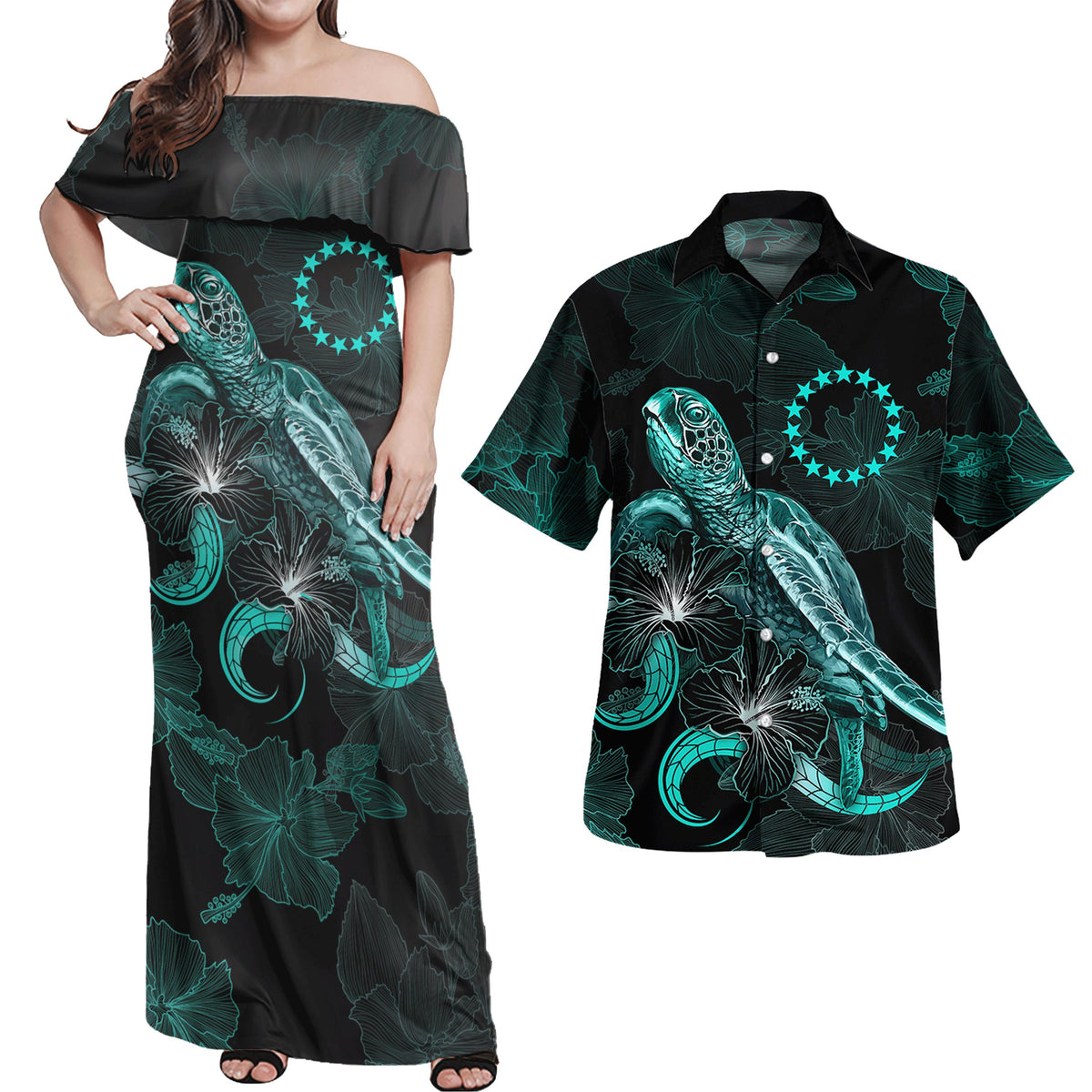 Cook Islands Matching Dress and Hawaiian Shirt Polynesian Turtle with Blooming Hibiscus Turquoise Turquoise - Polynesian Pride