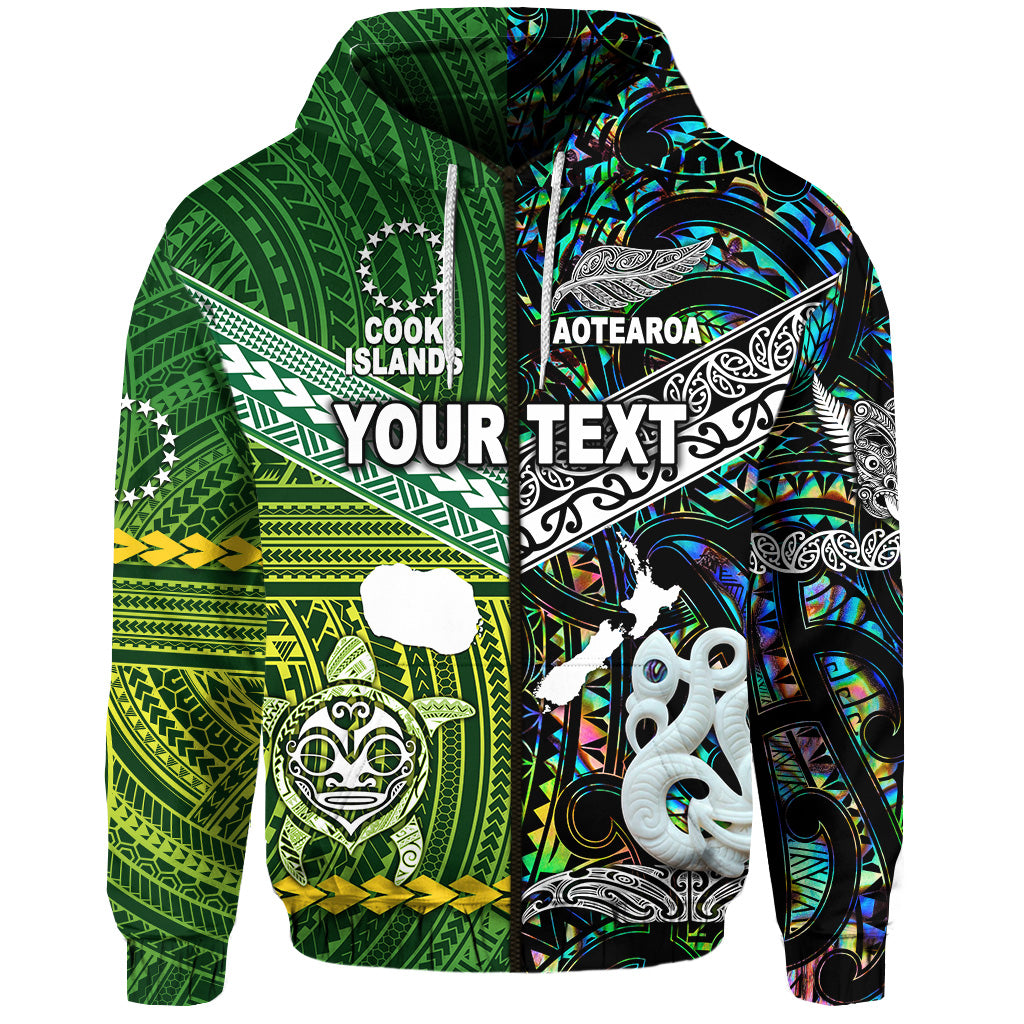 Custom New Zealand Cook Islands Zip Hoodie Maori and Polynesian Together Paua Shell LT8 - Polynesian Pride