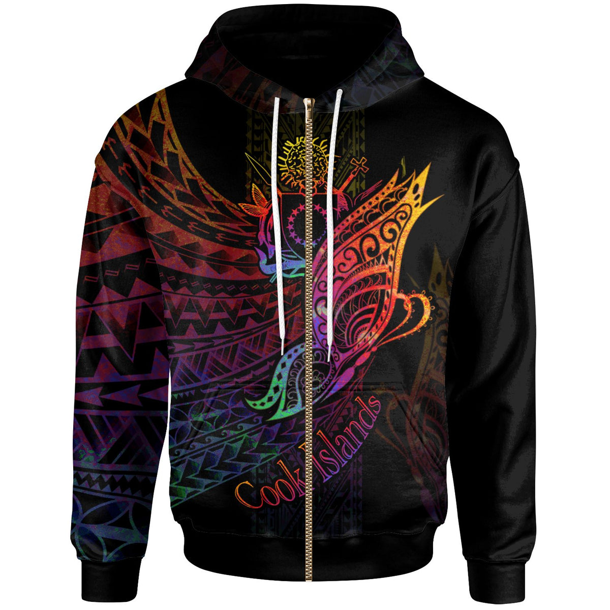 Cook Islands Zip Hoodie Butterfly Polynesian Style Unisex Black - Polynesian Pride