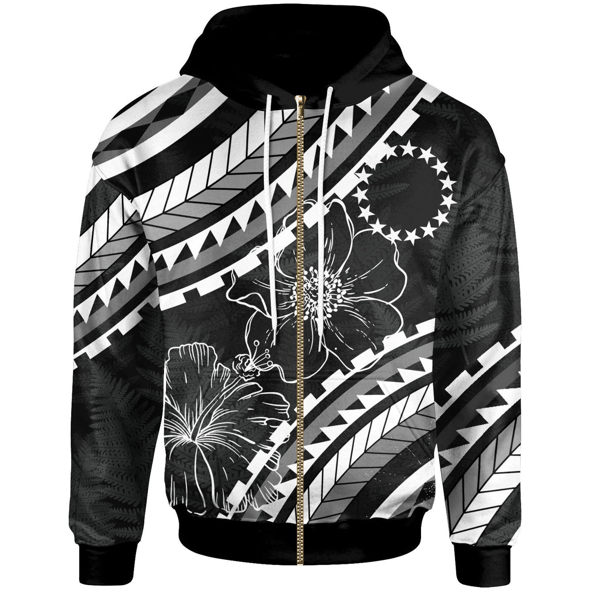 Cook Islands Zip Hoodie Palm Leaf Texture Black Unisex Black - Polynesian Pride
