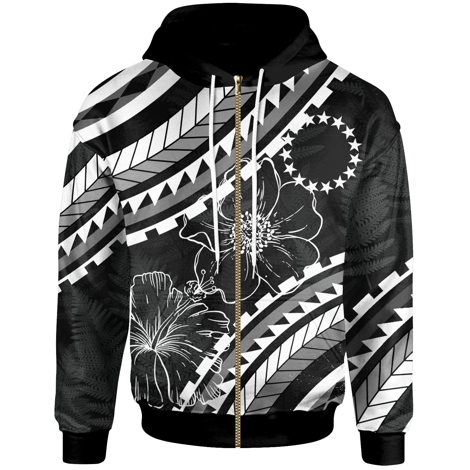 Cook Islands Zip Hoodie Palm Leaf Texture Black Unisex Black - Polynesian Pride