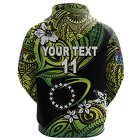 Custom Cook Islands Rugby Zip Hoodie Unique Vibes Green, Custom Text and Number - Polynesian Pride