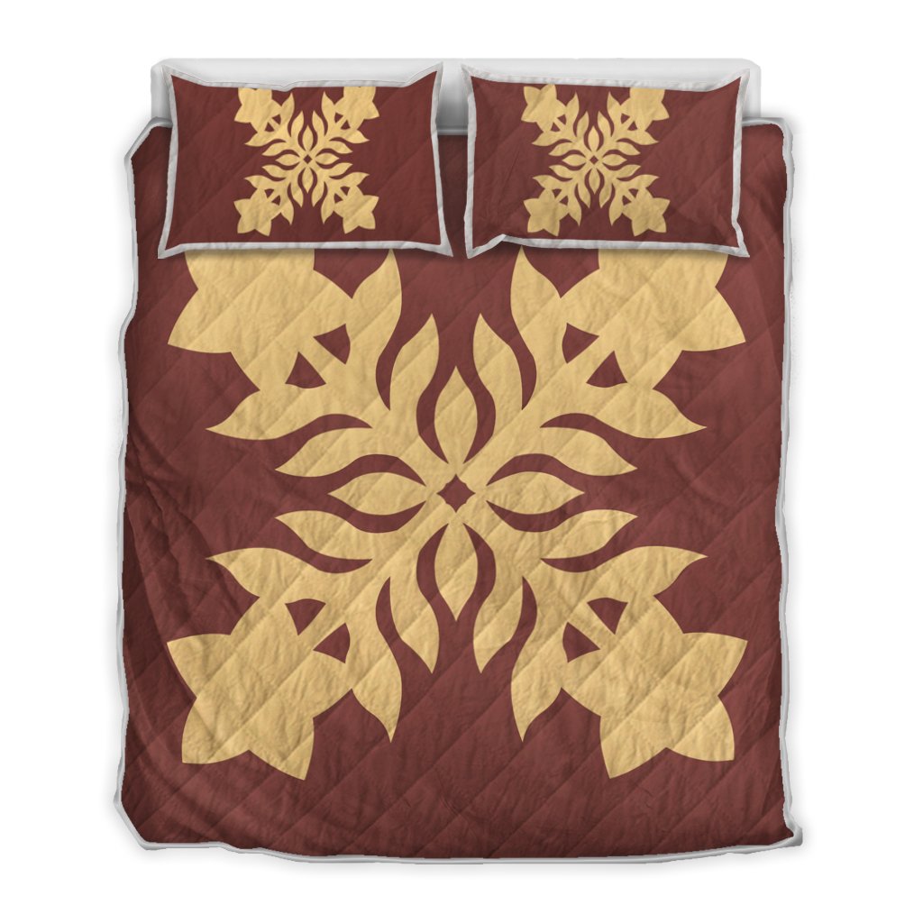 Hawaiian Royal Pattern Quilt Bed Set - Coral - E2 Style - AH Coral - Polynesian Pride