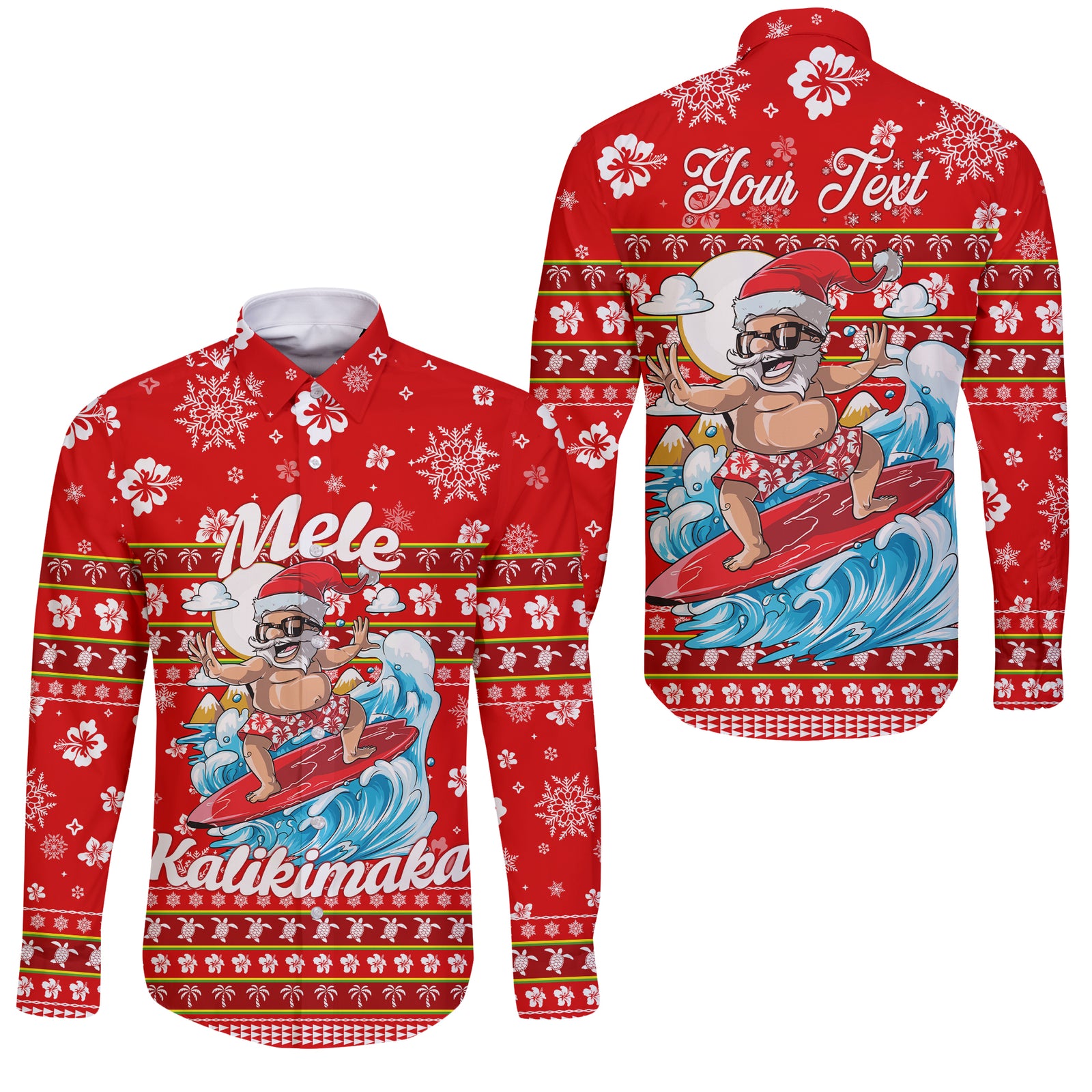 (Custom Personalised) Hawaii Christmas Santas Surf Mele Kalikimaka Sleeve Button Shirt - LT2 Unisex RED - Polynesian Pride