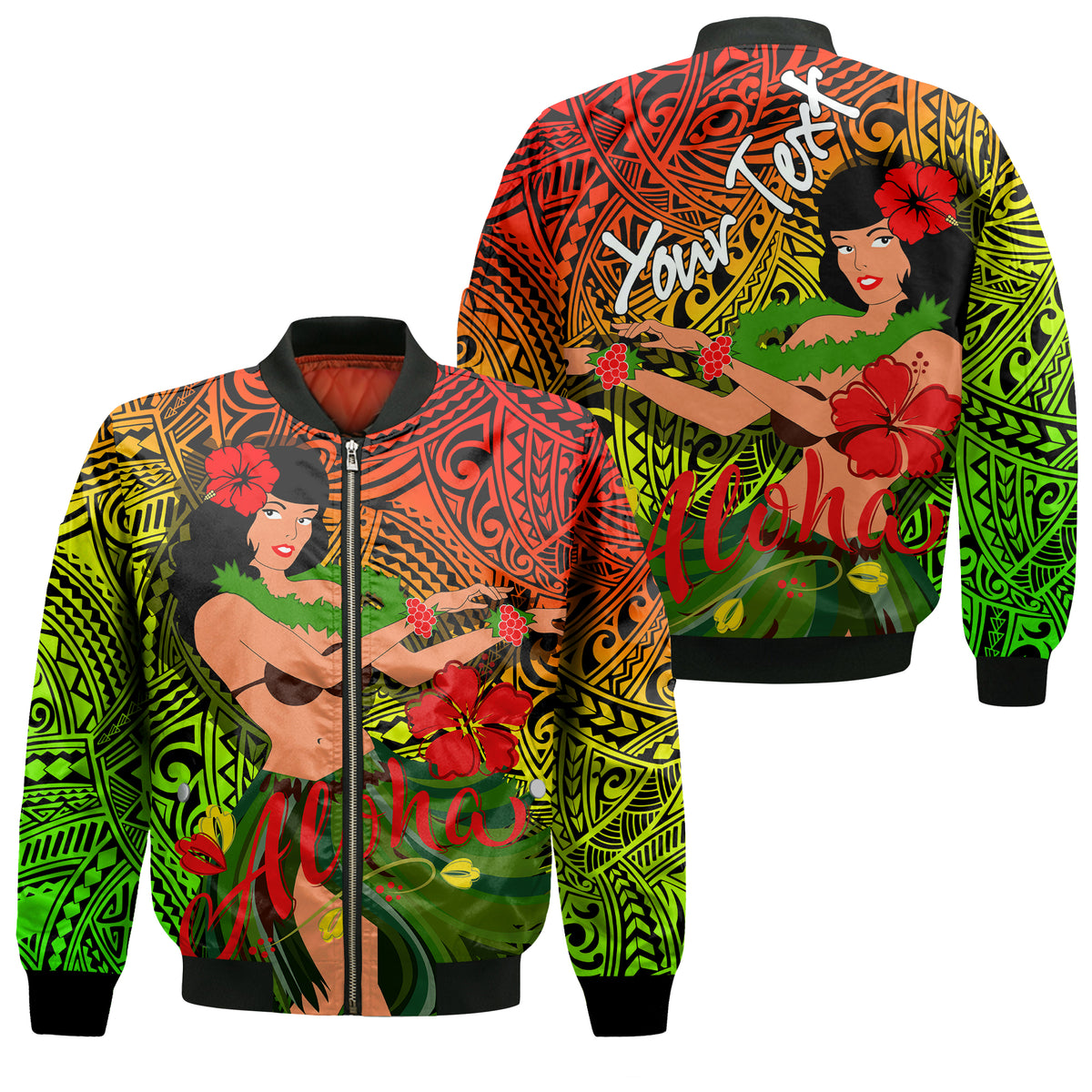 (Custom Personalised) Hawaii Hula Girl Reggae Bomber Jacket - LT2 Unisex REGGAE - Polynesian Pride