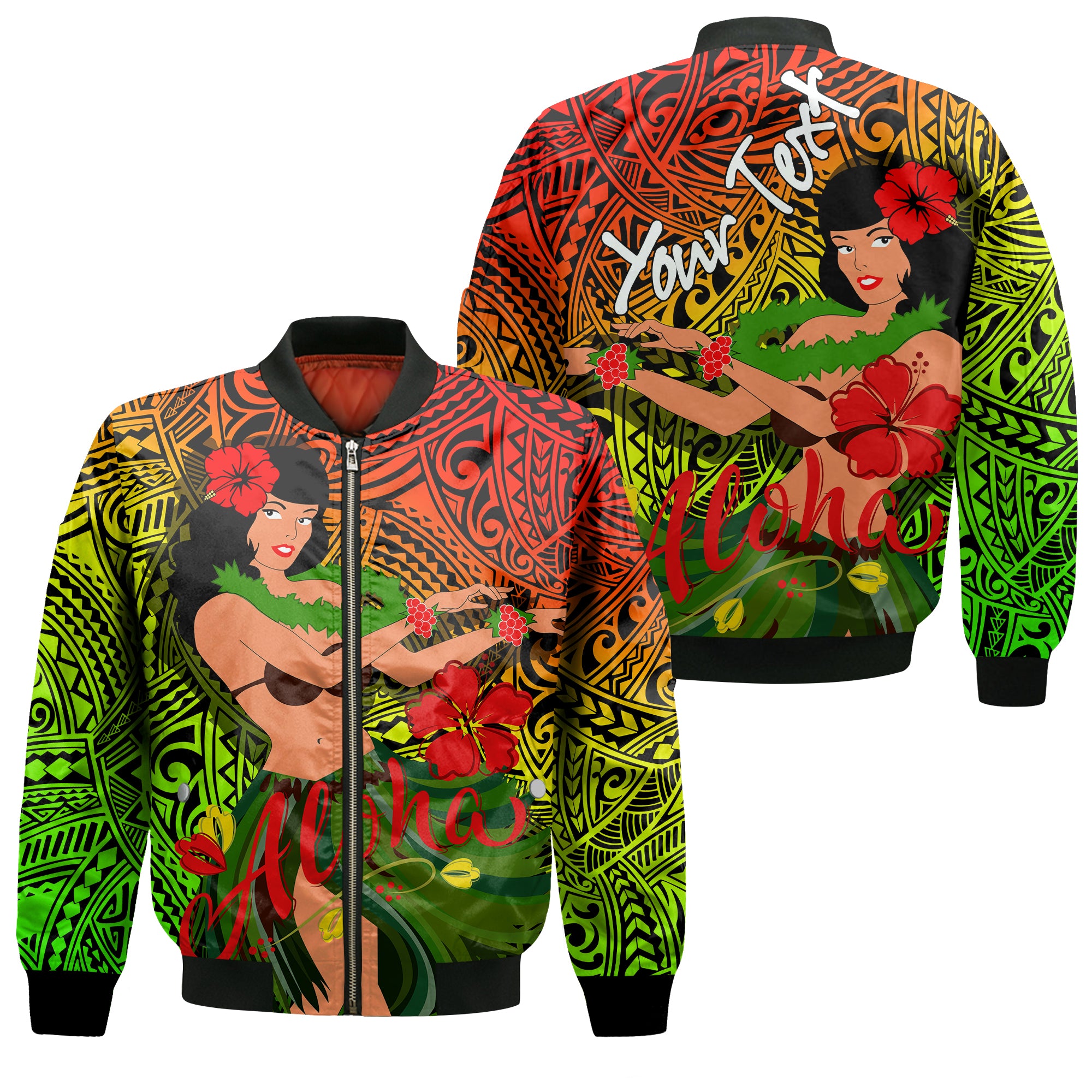 (Custom Personalised) Hawaii Hula Girl Reggae Bomber Jacket - LT2 Unisex REGGAE - Polynesian Pride