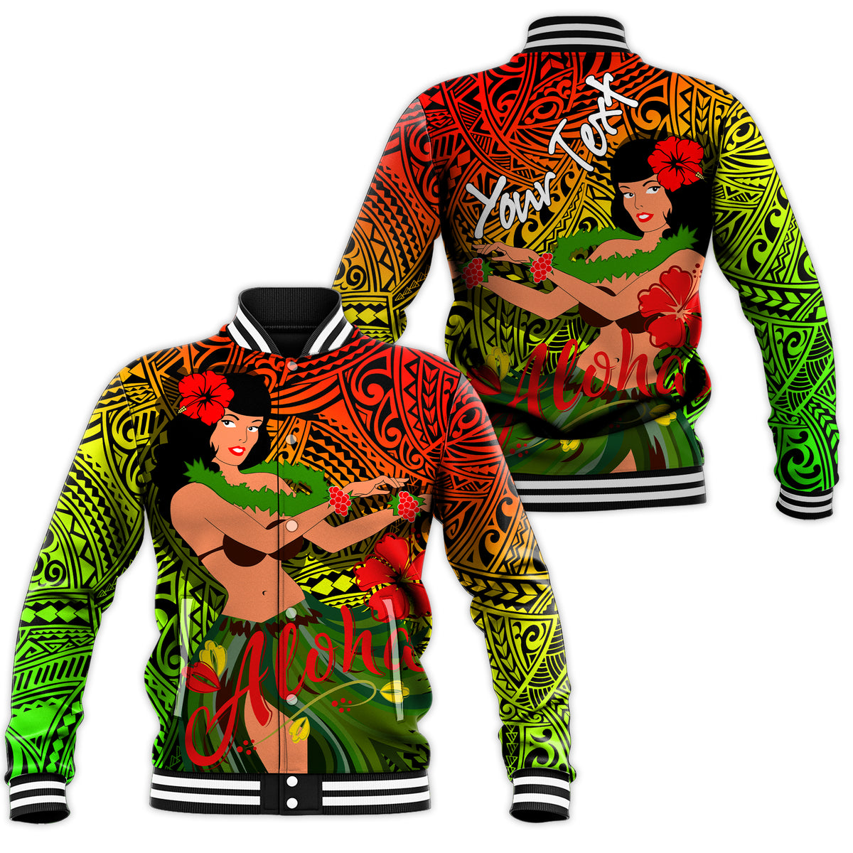 (Custom Personalised) Hawaii Hula Girl Reggae Baseball Jacket - LT2 Unisex REGGEA - Polynesian Pride