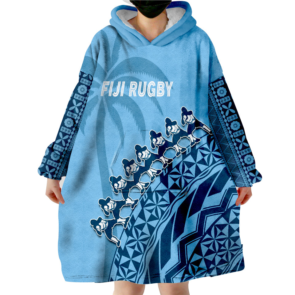 (Custom Text And Number) Fiji Rugby Fijian Cibi Dance Tapa Pattern Blue Wearable Blanket Hoodie LT14 - Polynesian Pride
