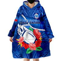 (Custom Text And Number) Samoa Rugby Manu Samoa Polynesian Hibiscus Blue Style Wearable Blanket Hoodie LT14 - Polynesian Pride