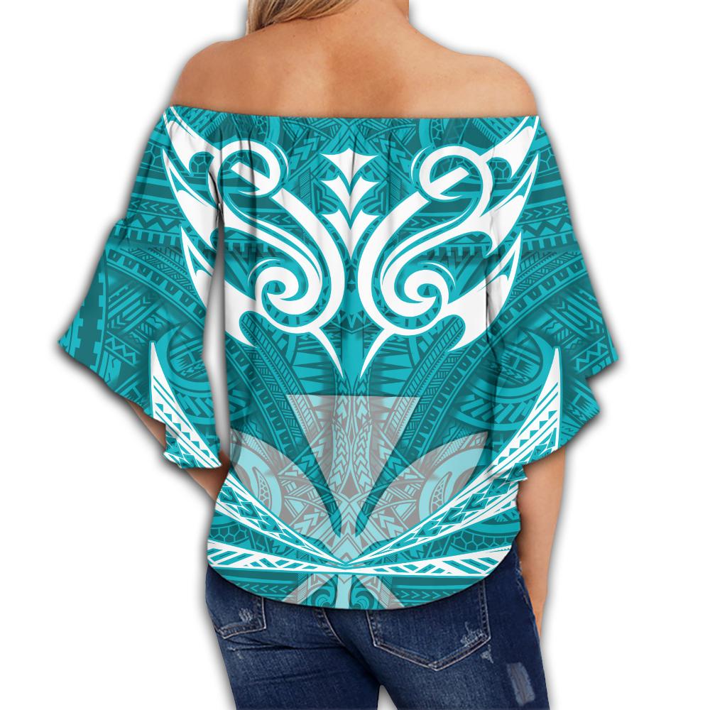Hawaii Kanaka Polynesian Women's Off Shoulder Wrap Waist Top - Cyan - Bernice Style - AH - Polynesian Pride