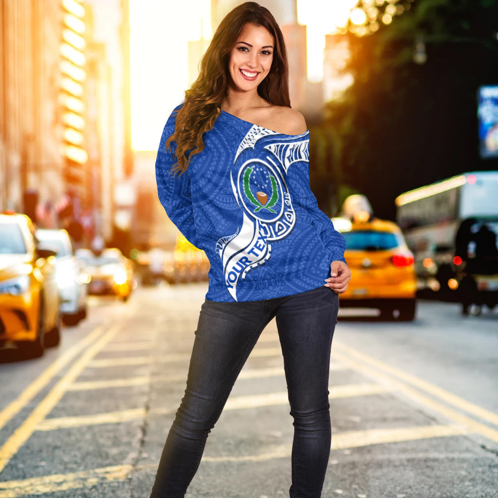 (Custom Personalised) Pohnpei Women Off Shoulder Sweater - Micronesia Pride Blue - LT12 - Polynesian Pride