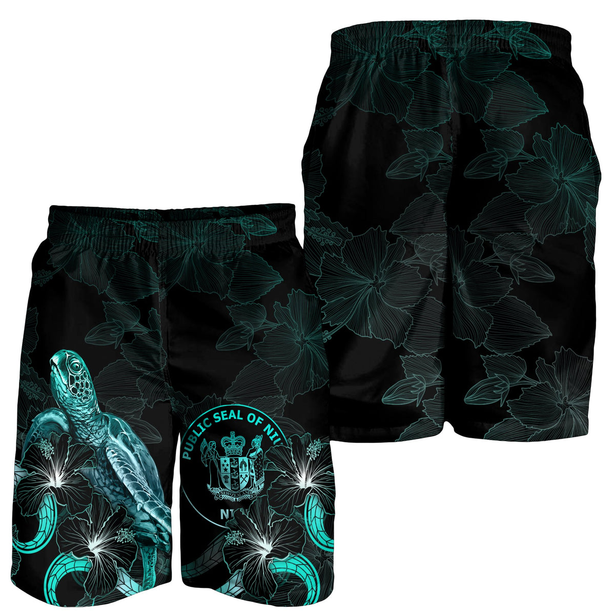 Niue Polynesian Men's Shorts - Turtle With Blooming Hibiscus Turquoise - Polynesian Pride