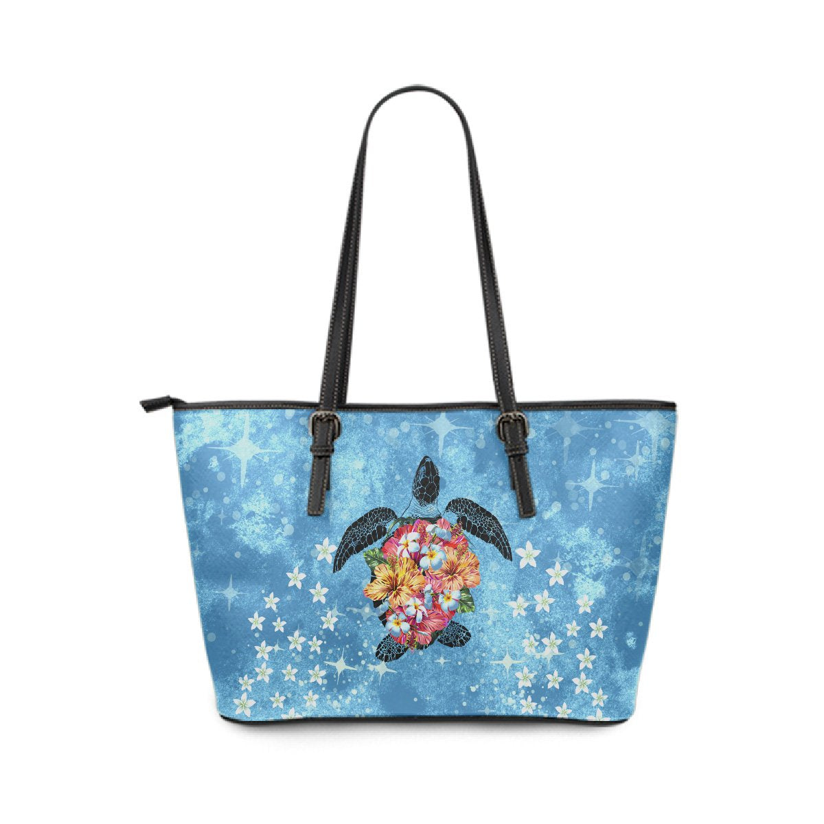 Personalized - Hawaii Turtle Hibiscus Plumeria Blue Small Leather Tote Bag - Polynesian Pride