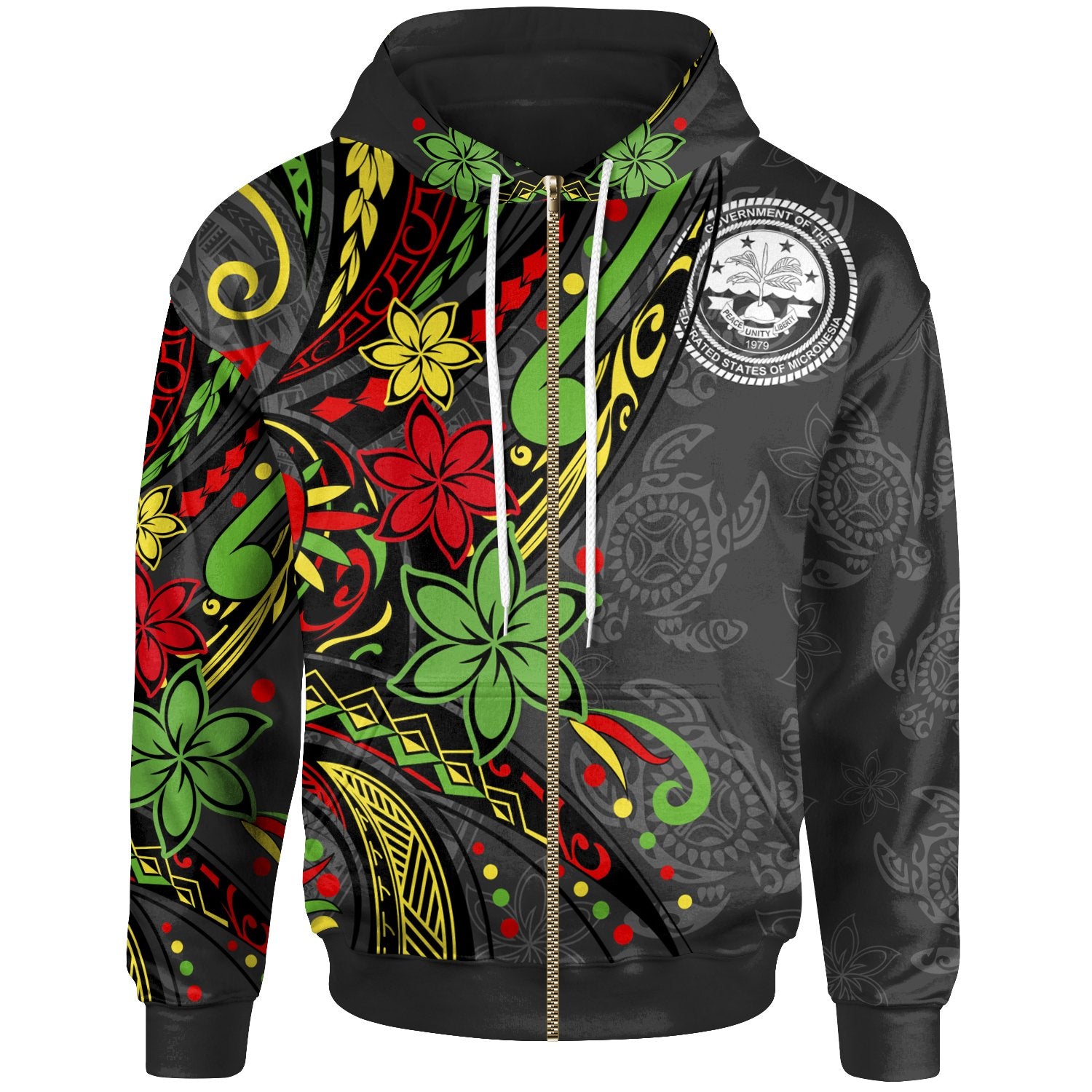 Fsm Zip up Hoodie Tribal Flower With Special Turtles Unisex Black - Polynesian Pride