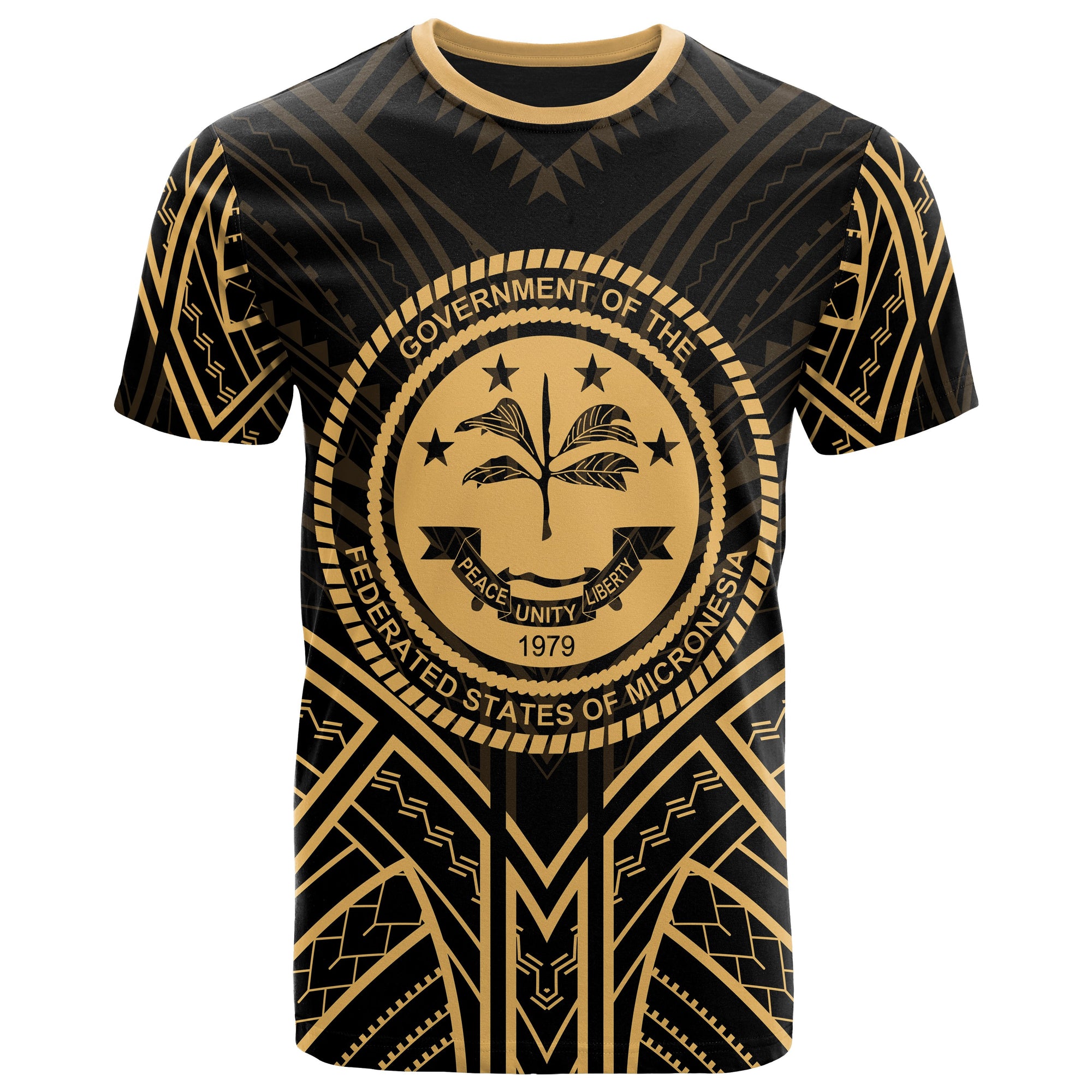 Federated States of Micronesia T Shirt FSM Seal Tribal Gold Color Patterns Unisex Black - Polynesian Pride