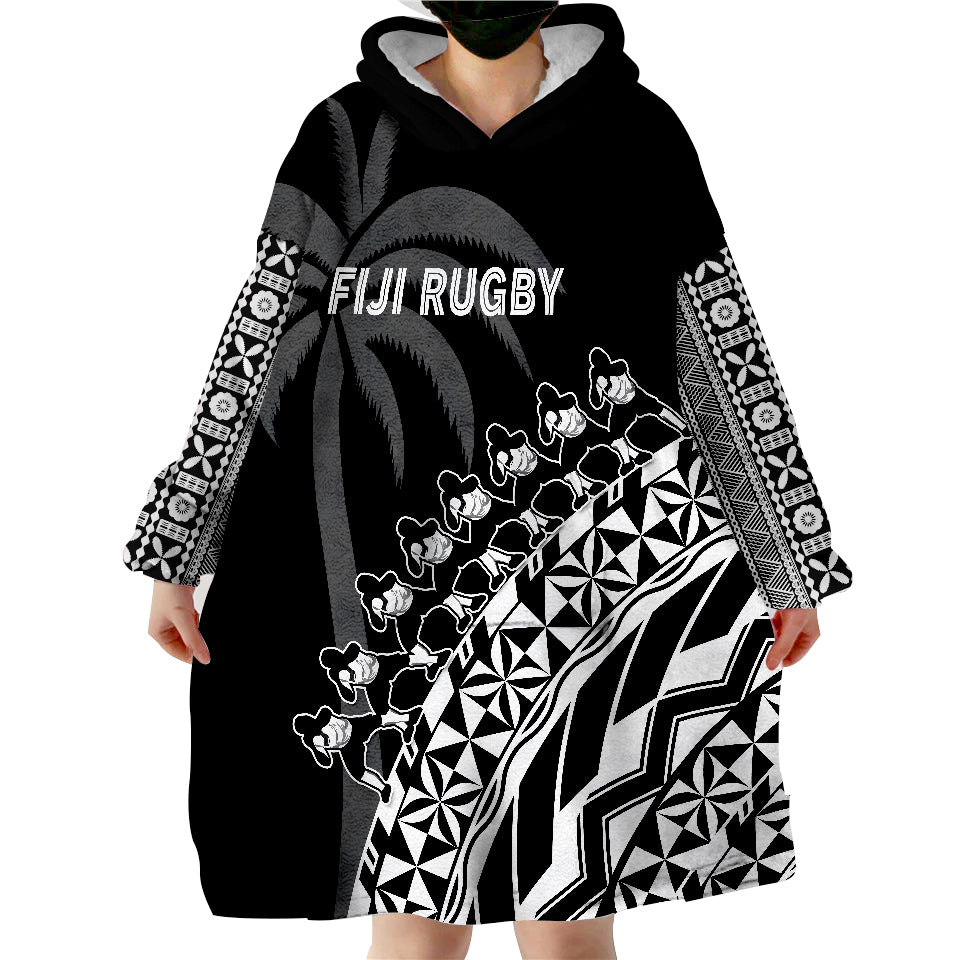 Fiji Rugby Fijian Cibi Dance Tapa Pattern Black Wearable Blanket Hoodie LT14 - Polynesian Pride