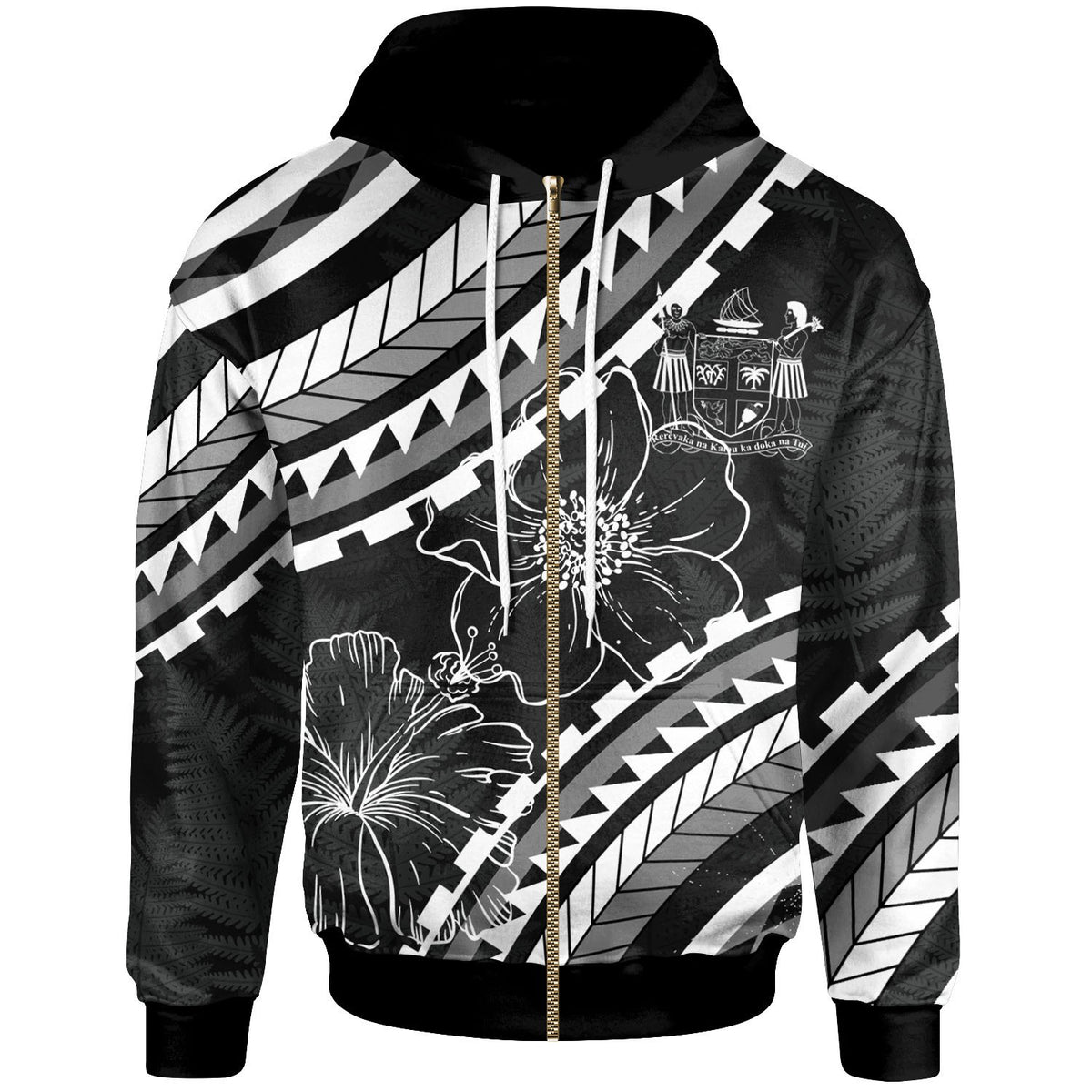 Fiji Zip Hoodie Palm Leaf Texture Black Unisex Black - Polynesian Pride