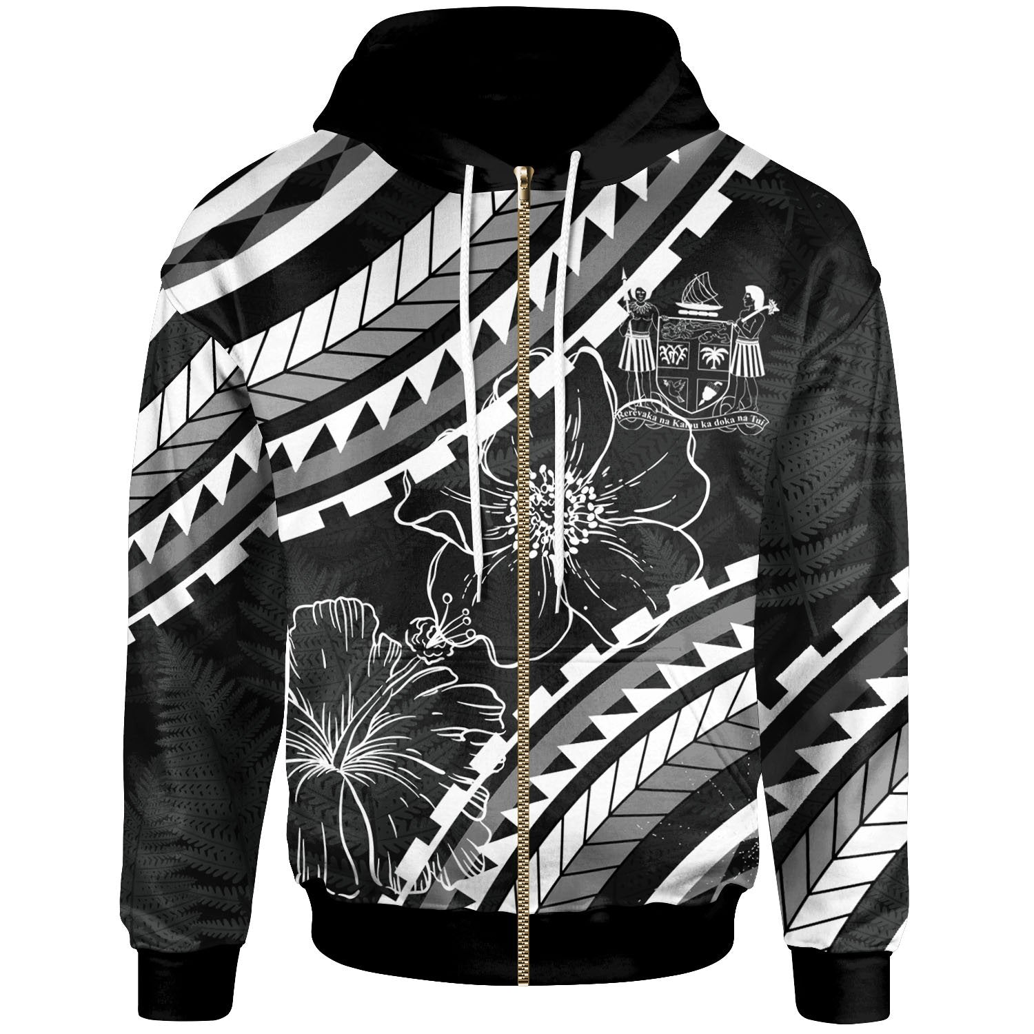 Fiji Zip Hoodie Palm Leaf Texture Black Unisex Black - Polynesian Pride