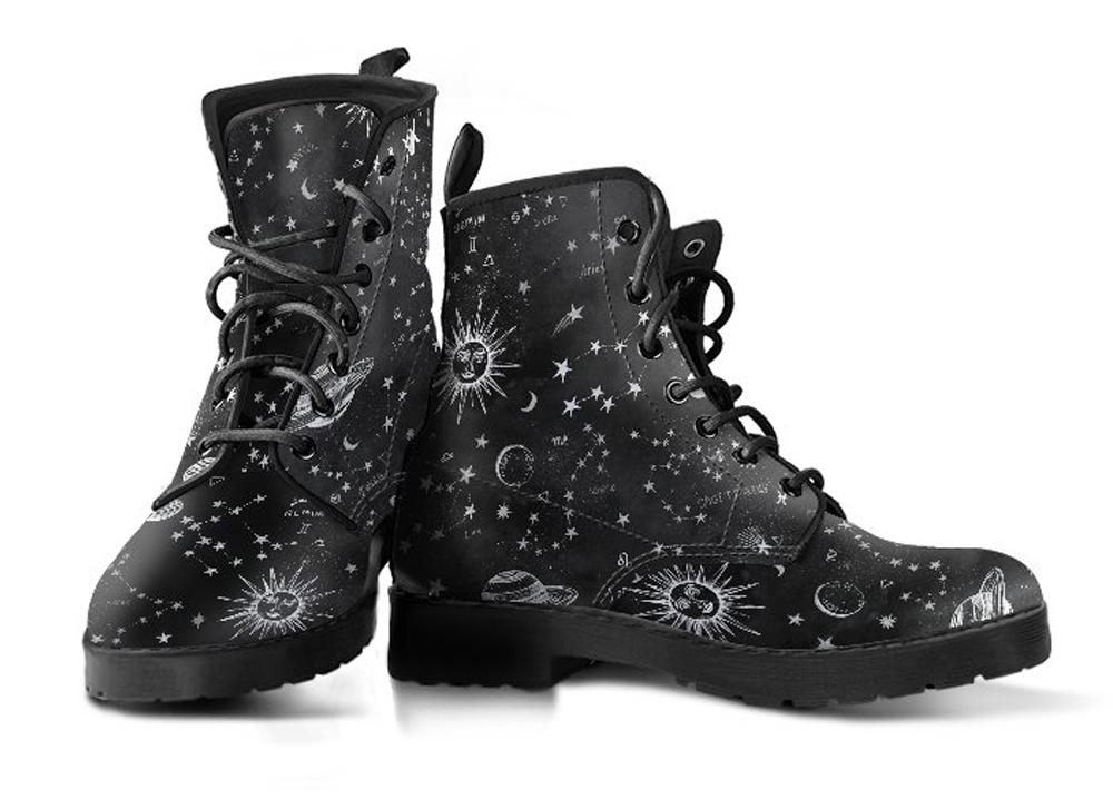 Celticone Women's Leather Boot - Black Astrology Map Pagan Boots - Polynesian Pride