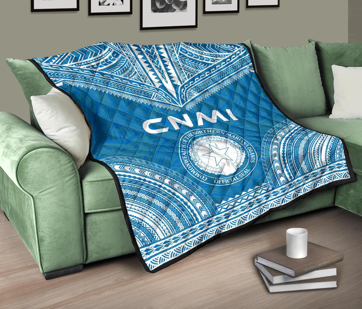 Northern Mariana Islands Premium Quilt - CNMI Seal Polynesian Chief Light Blue Version - Polynesian Pride