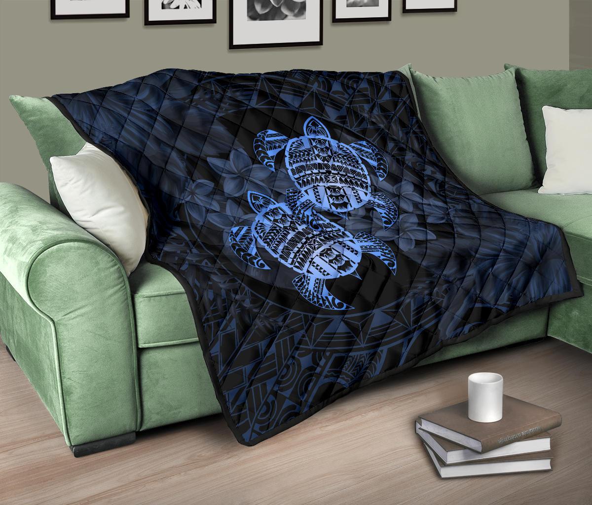 Hawaii Premium Quilt - Turtle Strong Pattern Hibiscus Plumeria Blue AH - Polynesian Pride