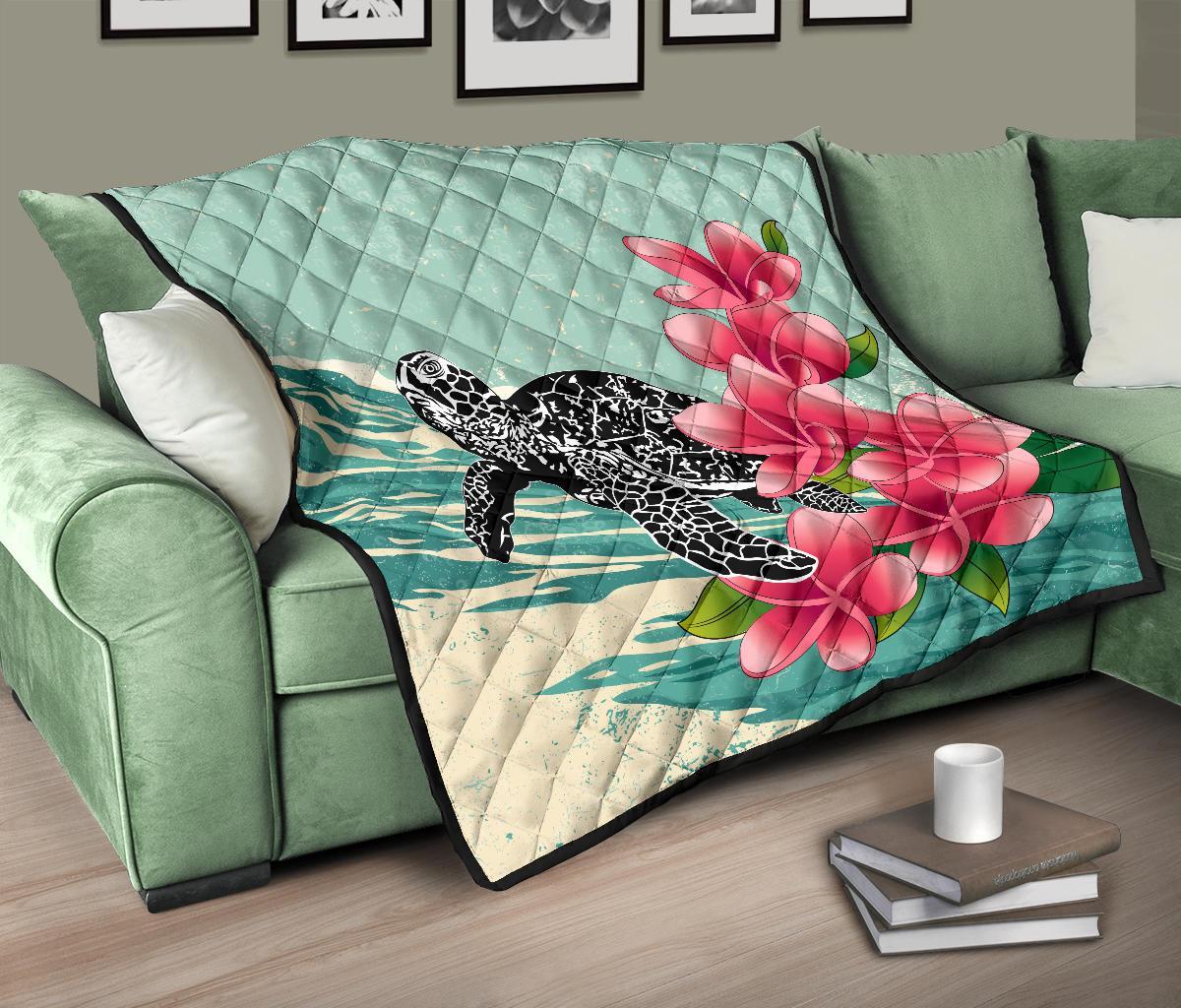 Hawaii Premium Quilt - Hawaii Turtles With Plumeria Classic Premium Quilt - Polynesian Pride
