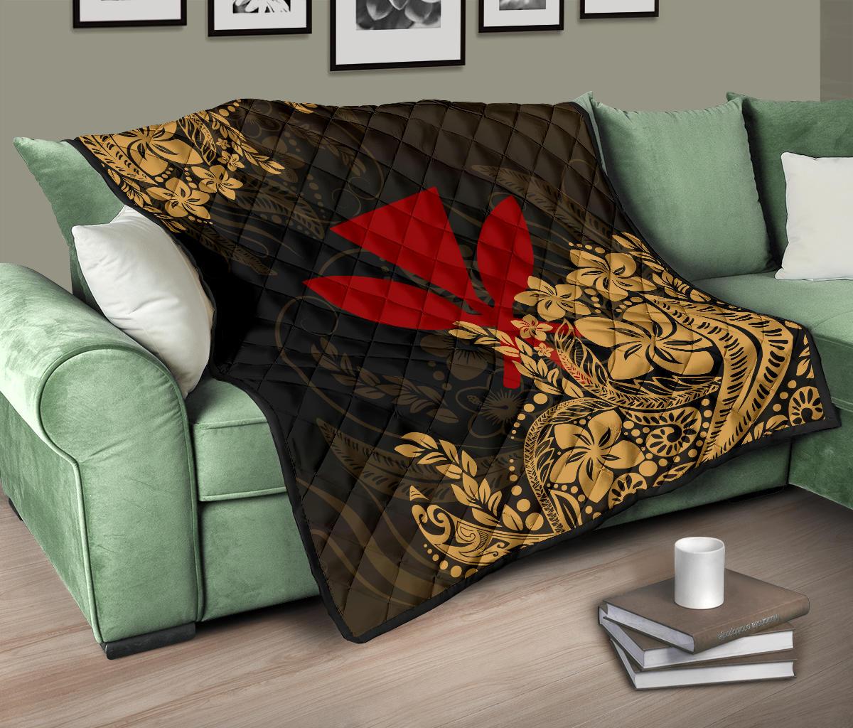 Hawaii Premium Quilt - Red Kanaka Maoli & Yellow Hibiscus Style - Polynesian Pride