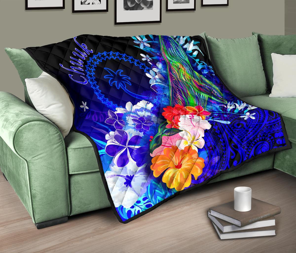 Chuuk Premium Quilt - Humpback Whale with Tropical Flowers (Blue) - Polynesian Pride