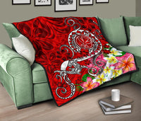Hawaii Premium Quilt - Turtle Plumeria Polynesian Tattoo Red Color - Polynesian Pride