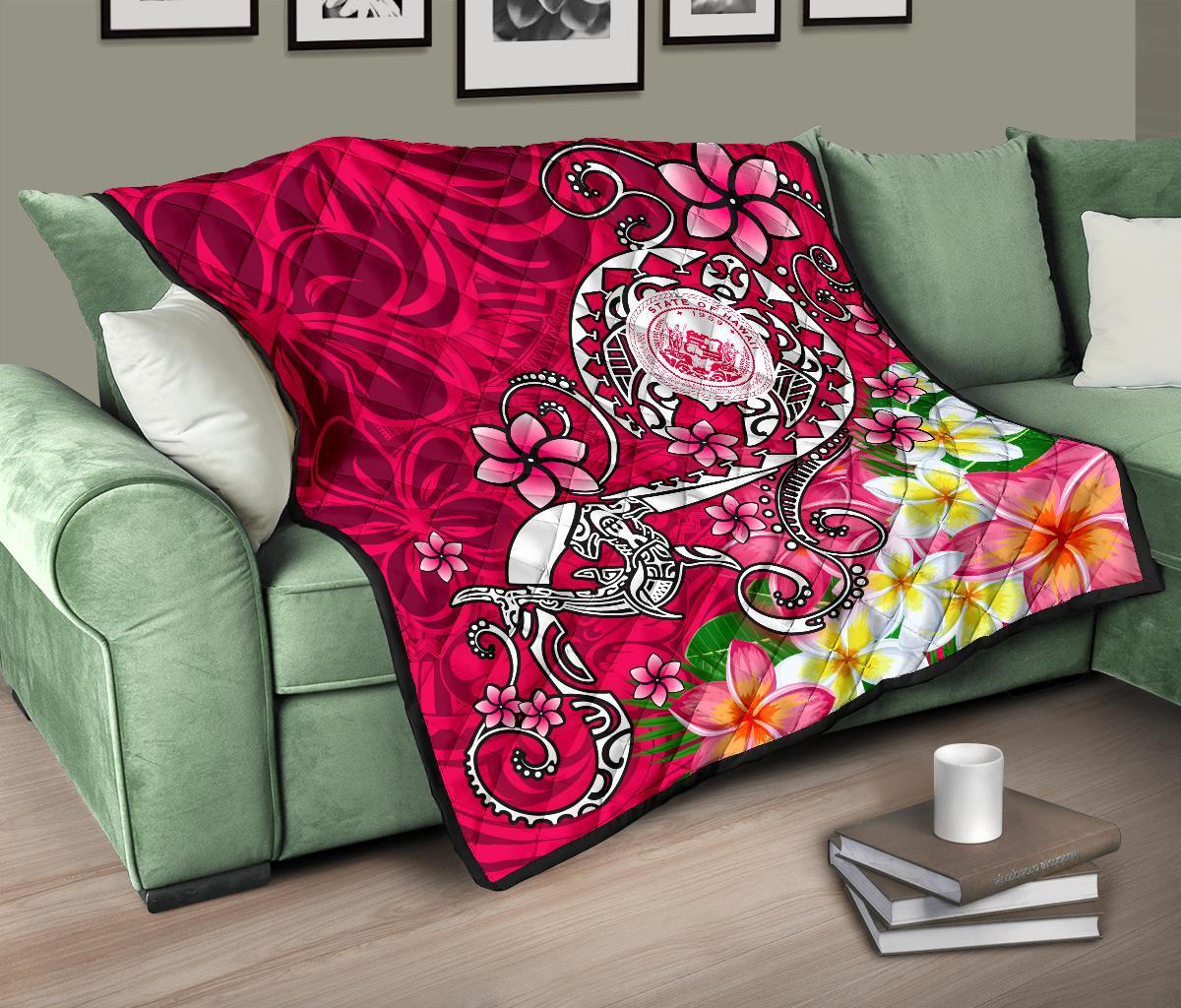 Hawaii Polynesian Premium Quilt - Hawaii Seal With Turtle Plumeria (Pink) - Polynesian Pride
